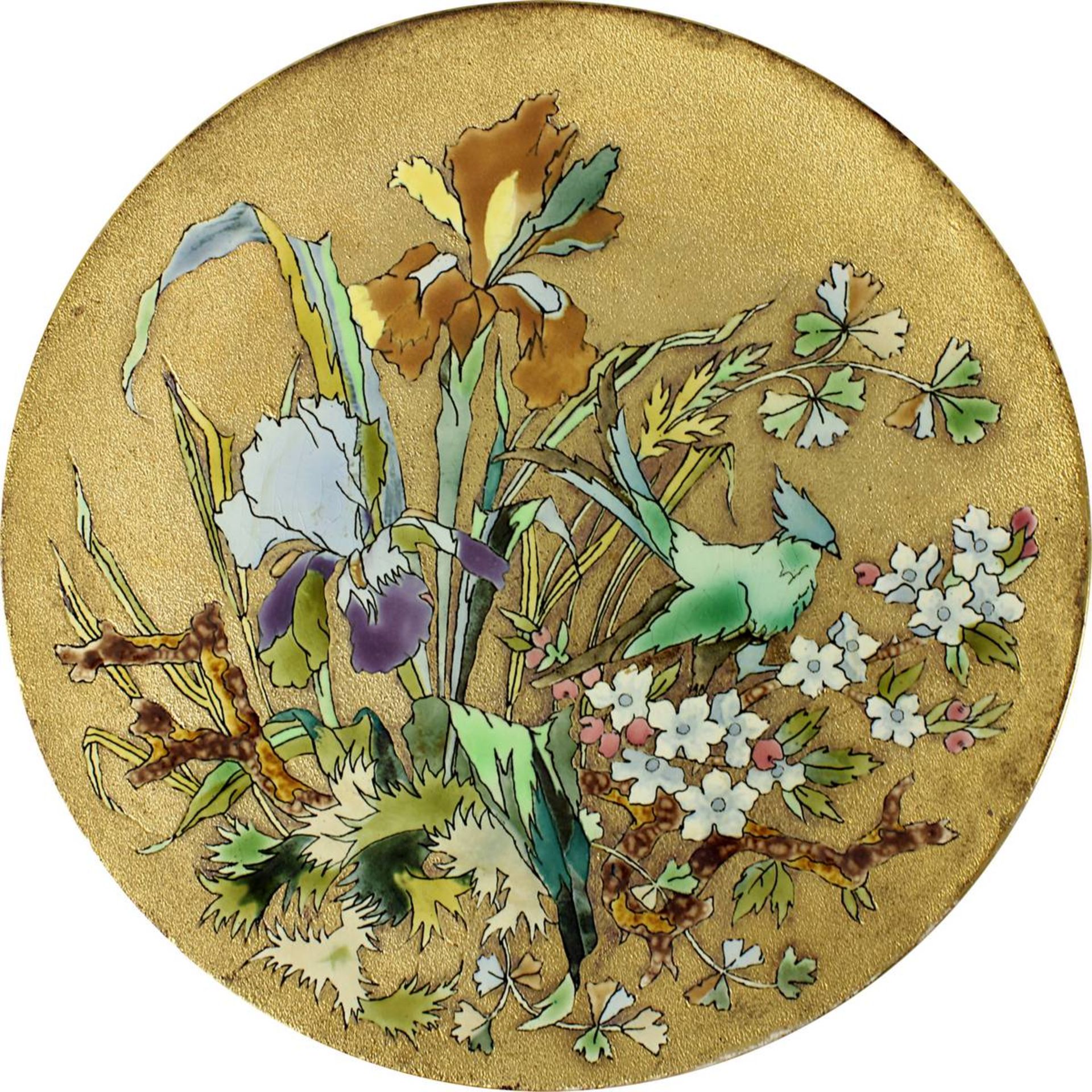 Jugendstil-Wandteller mit Schwertlilien und Vogel, wohl Villeroy & Boch Mettlach, Keramik