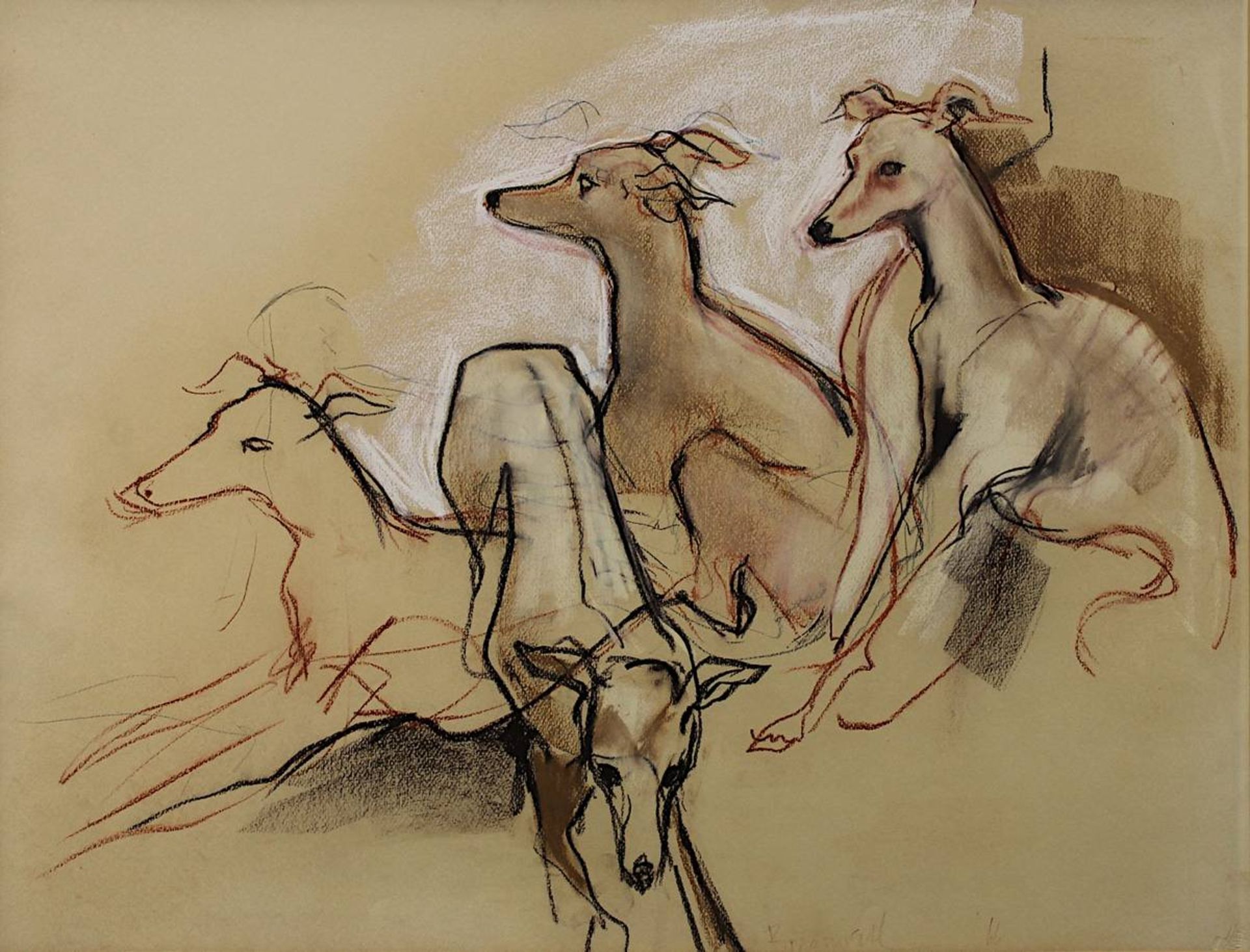 Zeichner M. bis 2. H. 20. Jh., Windhunde (greyhound, Whippet), Farbkreidezeichnung, am unt. Rand - Bild 2 aus 2