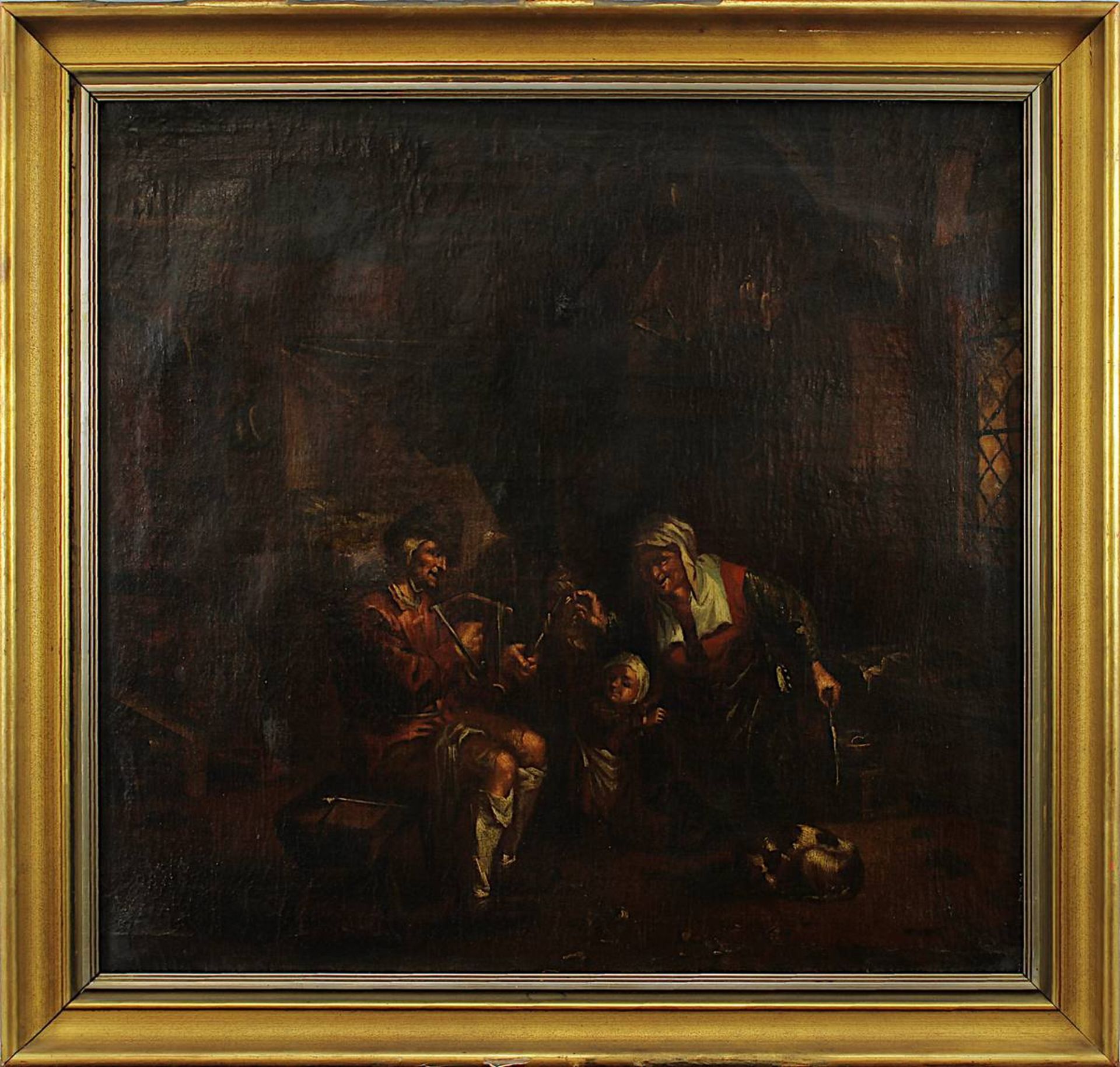 Niederländischer Genremaler um 1800, Häusliche Szene mit Eltern, Kind und Hund in Interieur, Öl