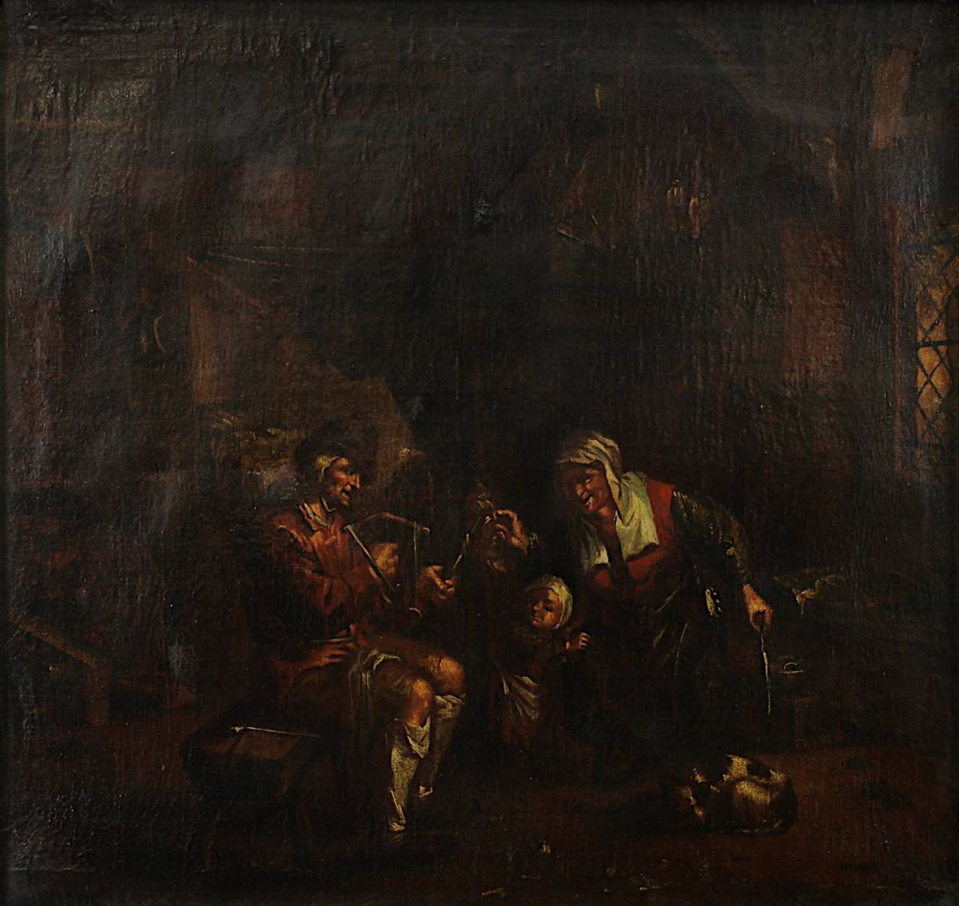 Niederländischer Genremaler um 1800, Häusliche Szene mit Eltern, Kind und Hund in Interieur, Öl - Image 2 of 3
