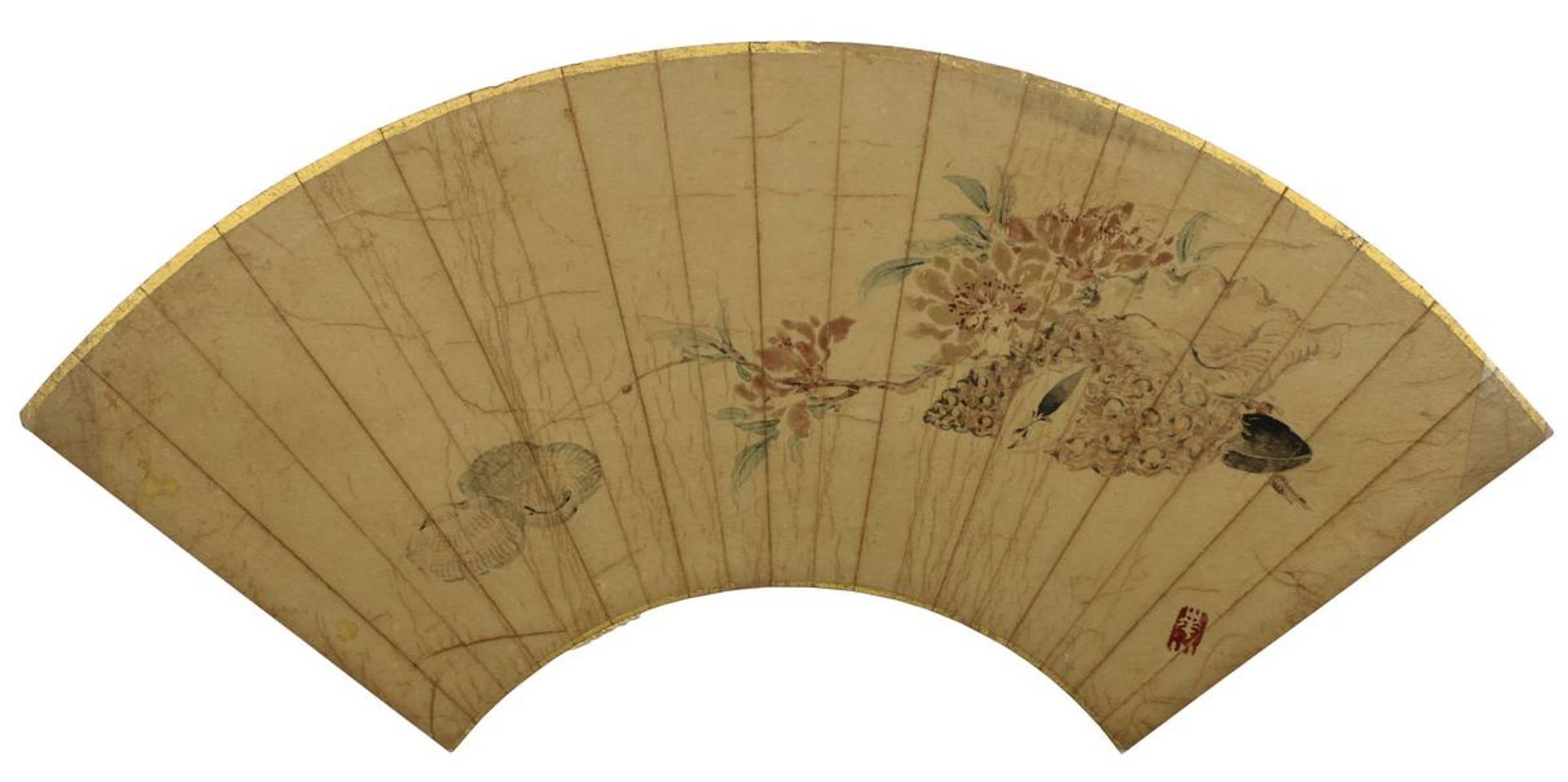 2 bemalte japanische Faltfächerblätter, jew. unter Folie mit Fotoecken auf Karton montiert, Karton - Bild 3 aus 3