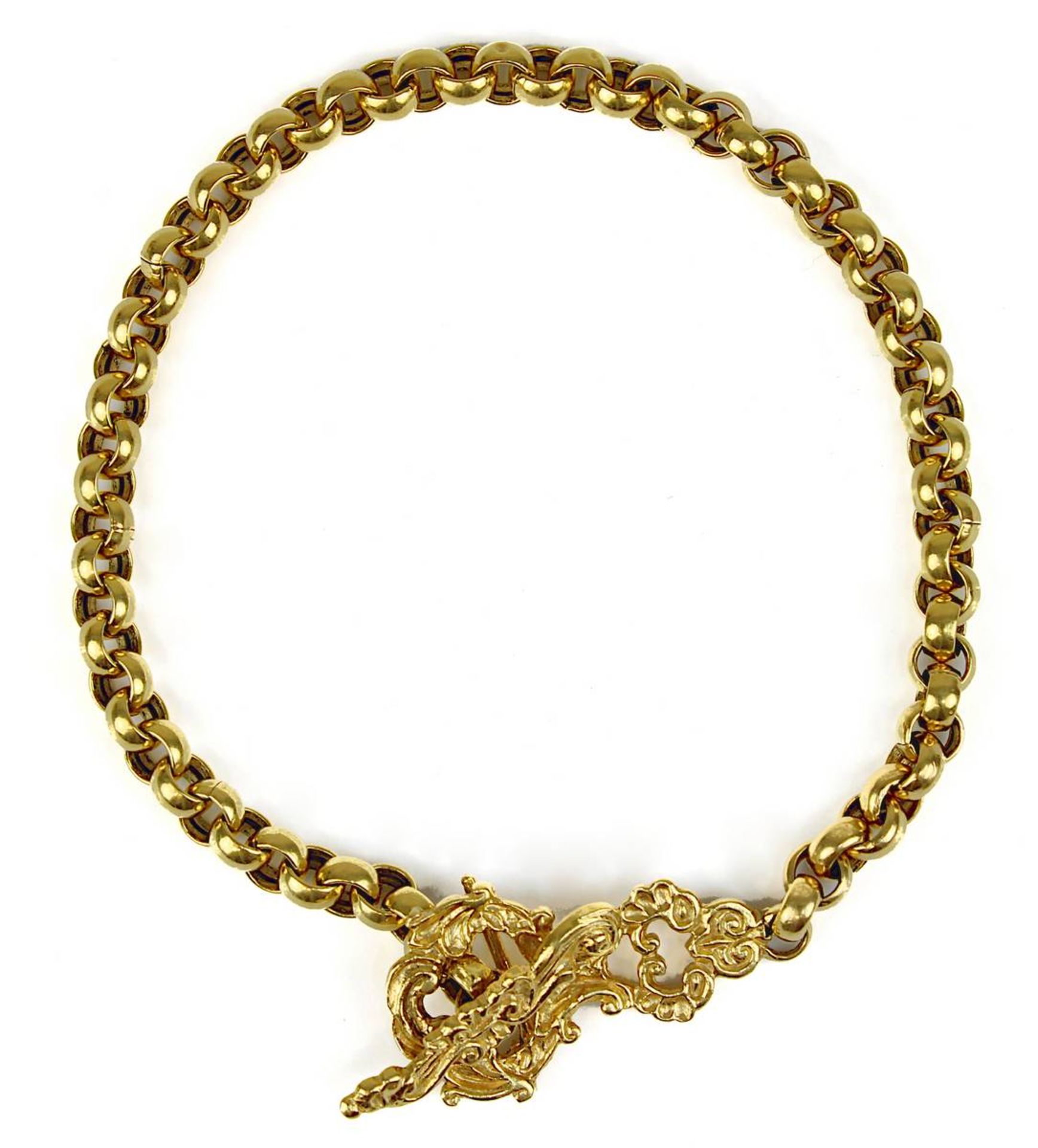 Damenarmband aus Gelbgold, Italien um 1920, Kette aus Erbsengliedern mit ausgefallenem Verschluss,