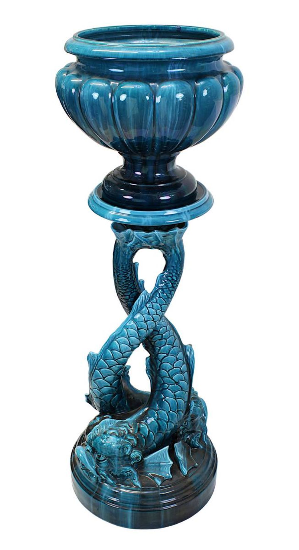 Delfin-Blumensäule und Cachepot, Frankreich um 1900, Keramik heller Scherben mit türkisblauer
