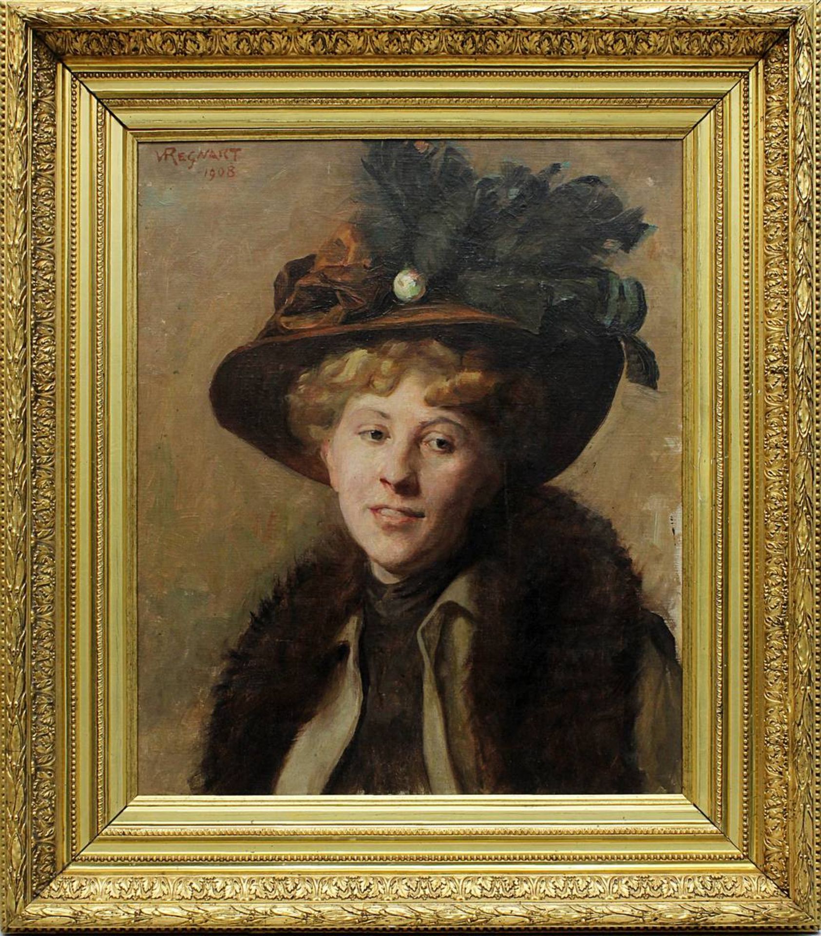 Regnart, Victor (1886-1964), Damenporträt mit Hut und Pelzkragen, Öl auf Leinwand, links oben
