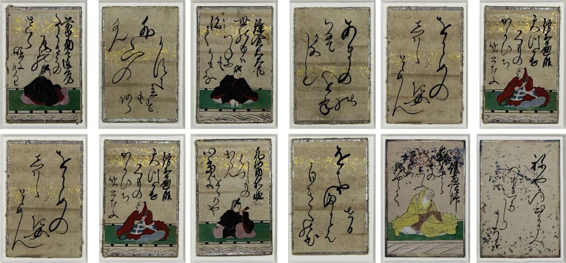 12 japanische Spielkarten, Ende 19. Jh., jew. Tusche und polychrome Malerei auf Karton mit