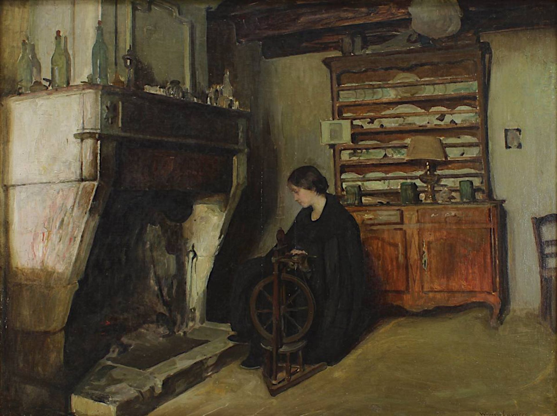 Laparra, William (Bordeaux 1873 - 1920 Valle de Hecho), Interieur mit junger Frau am Spinnrad vor - Image 2 of 4