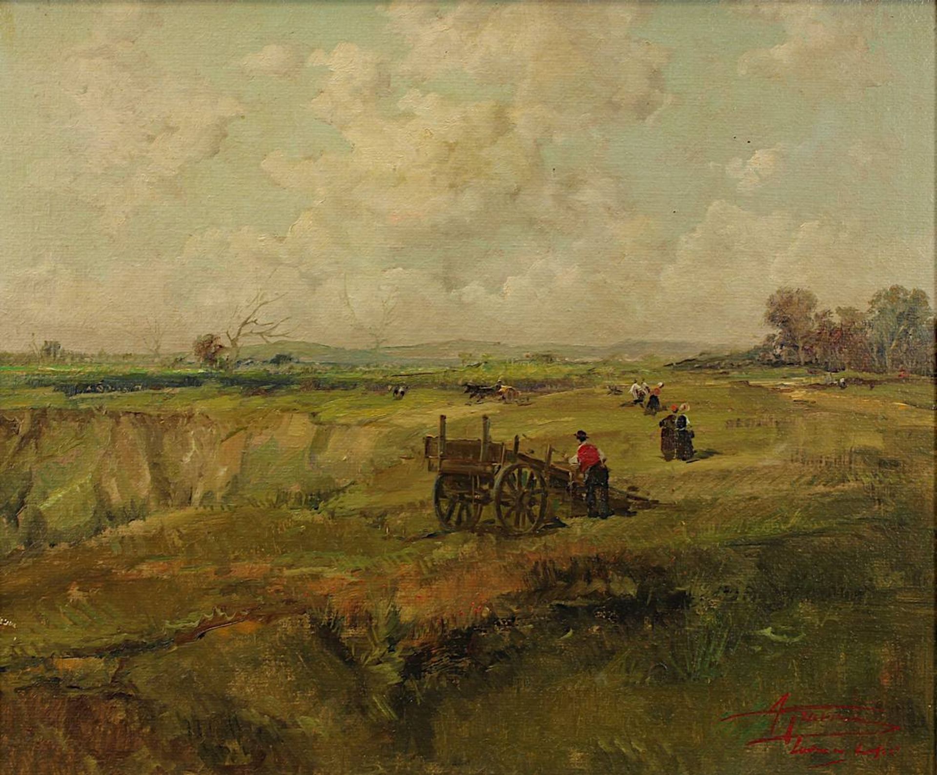 Landschaftsmaler, Feldarbeit, Öl auf Leinwand, rechts unten und rückseitig signiert und betitelt, - Image 2 of 4