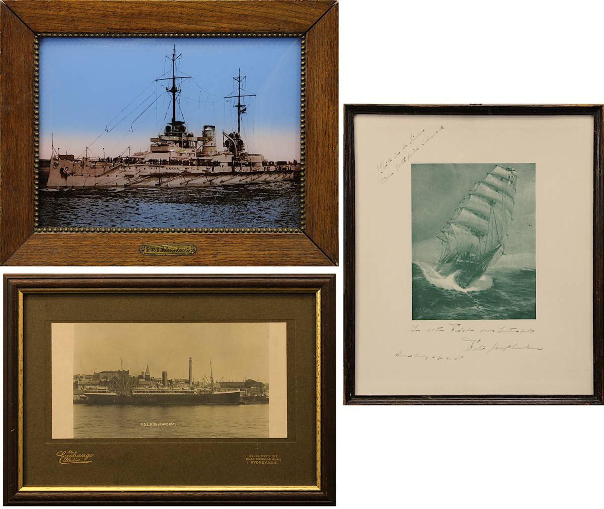 3 Abbildungen von Schiffen, Fotodruck des Dampfers N. D. L. S. Scharnhorst, Rahmen: 23 x 33 cm; Abb.