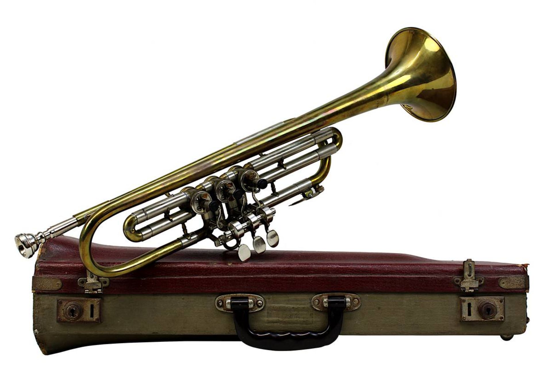 Trompete M. 20. Jh., wohl Hüttl Trompete, Messing u. Neusilber, Mundstück beiliegend, L: 49 cm, in