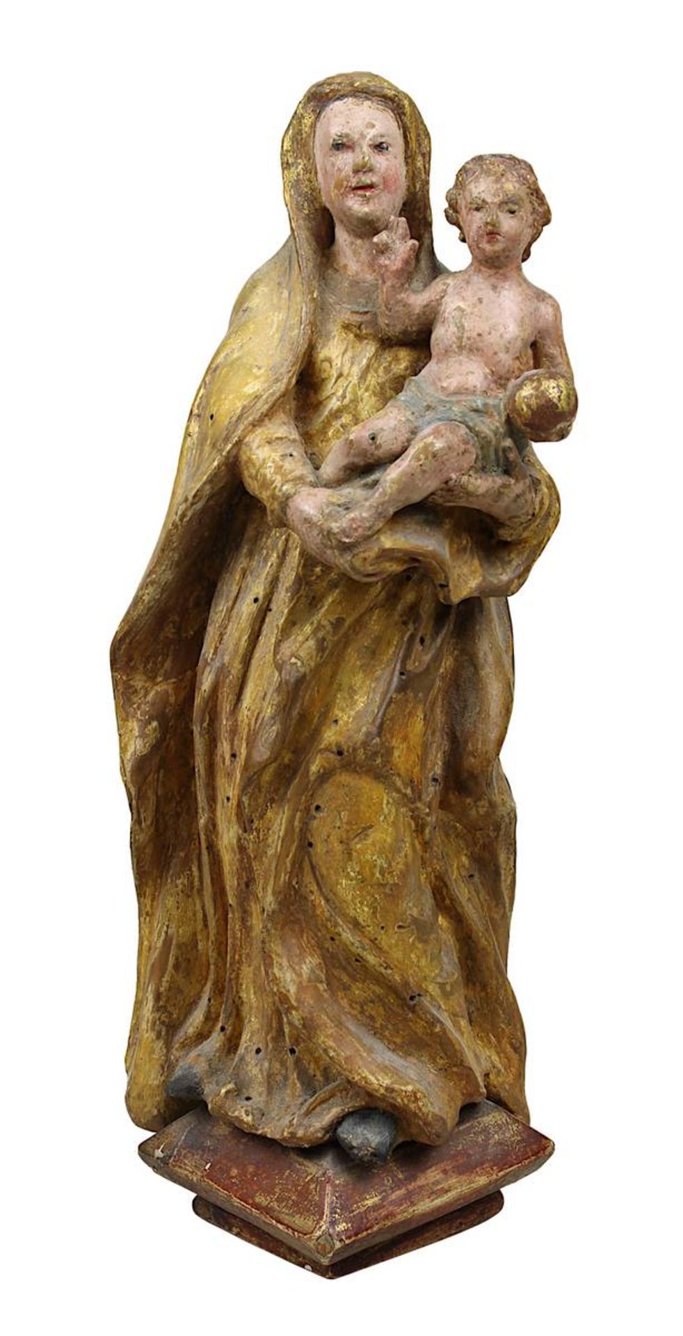 Bildschnitzer, süddeutsch 18. Jh., Maria mit dem Jesusknaben, Holz vollrund geschnitzt u. gefasst,