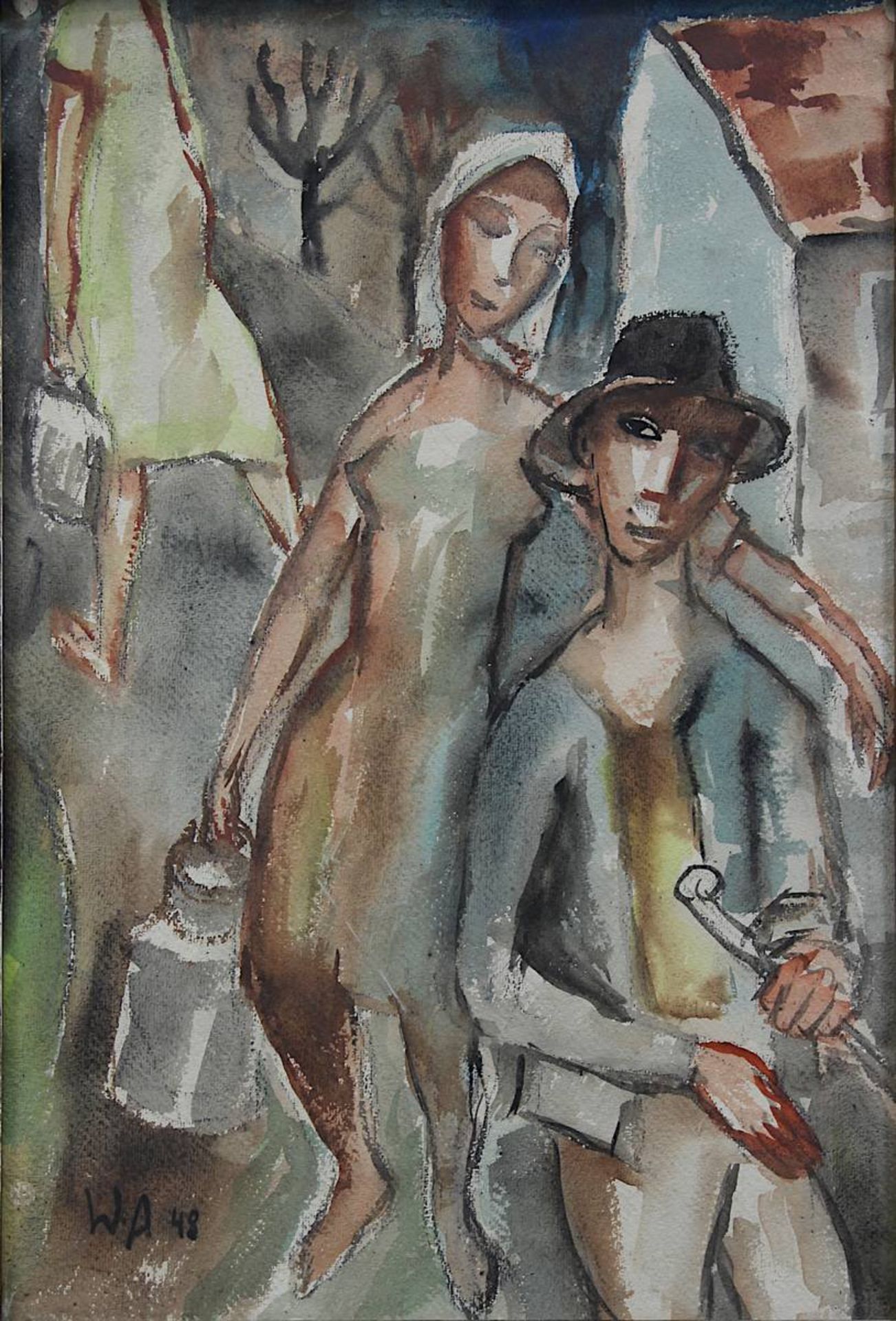 Wanschap, Helmut (Berlin 1911 - 1987 Kusel), Jüngerer Mann und Frau mit Milchkanne, Aquarell, - Image 2 of 2