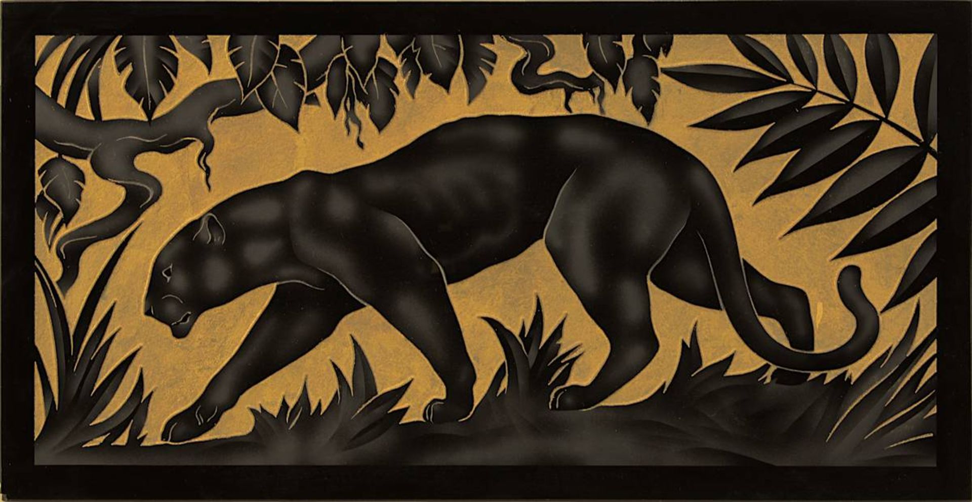 Art Déco Glasrelief mit Pantherdarstellung, wohl Möbeleinlage oder Einsatz, Frankreich um 1920,