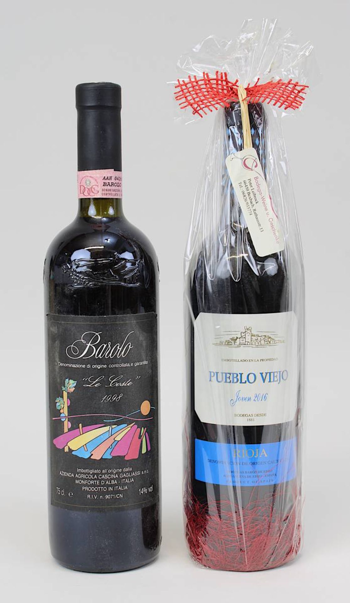 Zwei Flaschen Rotwein: 1 Flasche 1998er Barolo "Le Coste", Monforte D´Alba - Italia und eine Flasche