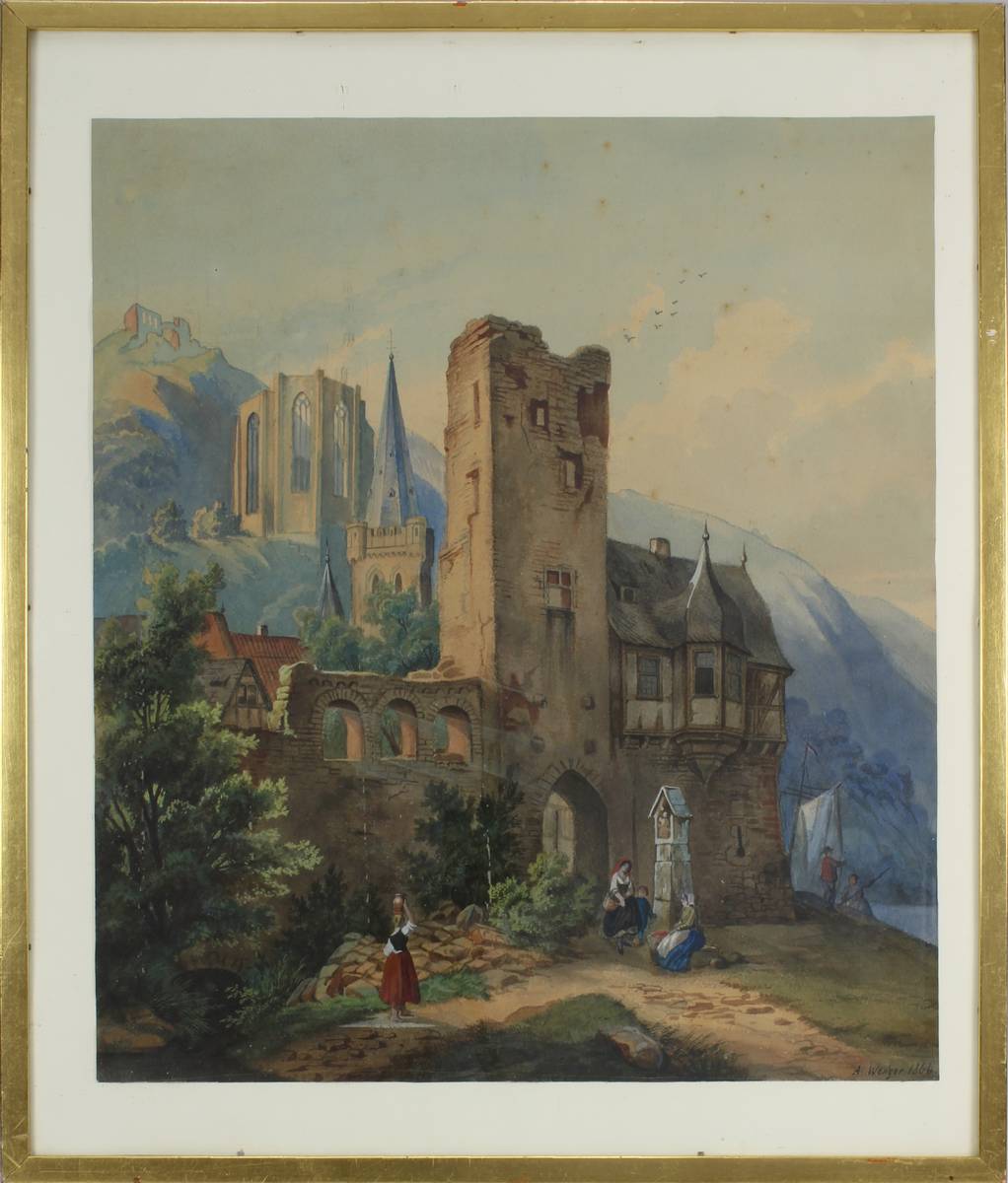 Weliger, A., Aquarellist M. 19. Jh., imposanter Torbau u. Kirchturm vor der Wernerkapelle von