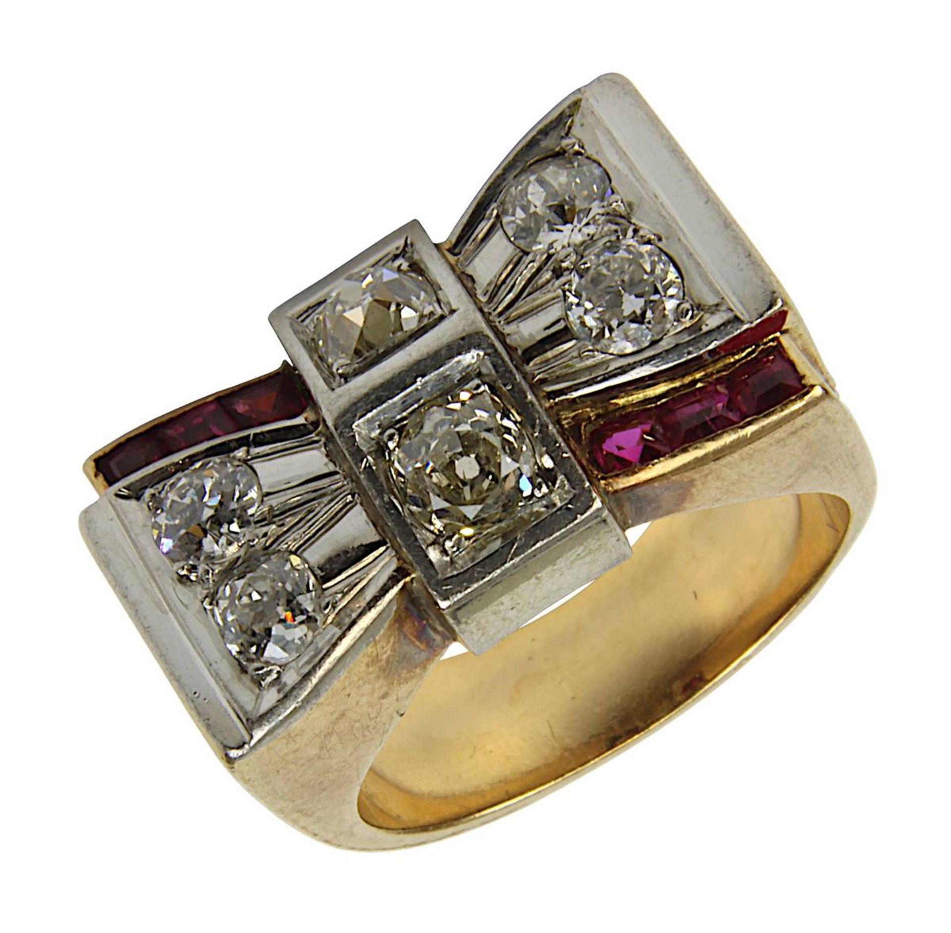 Art-Déco Damenring mit Diamanten und Rubinen, Frankreich um 1930, Ringschiene aus Roségold,