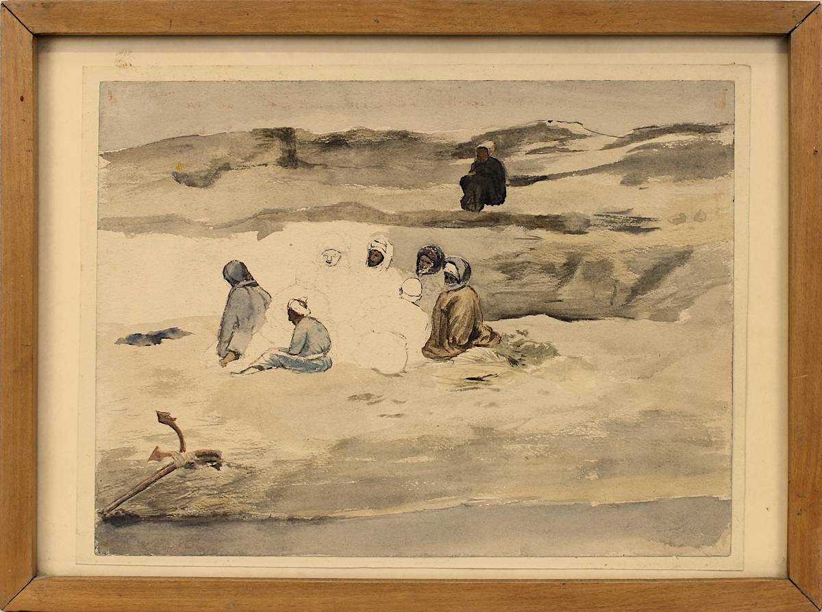 Orientalist 19./20. Jh., rastende Beduine am Ufer, Aquarell-Studie, 22,8 x 30,8 cm, auf