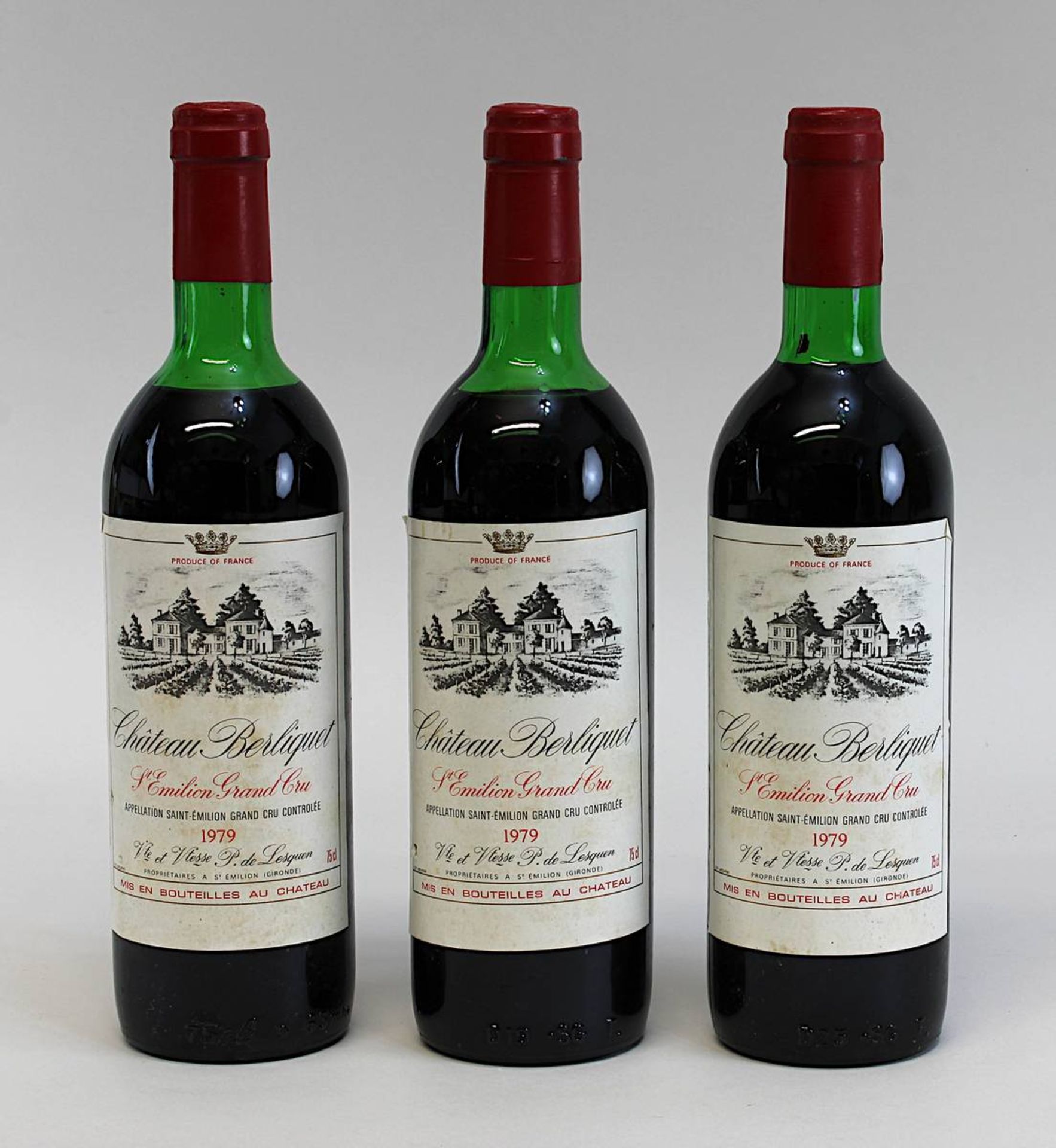 Drei Flaschen 1979er Château Berliquet, St. Emilion Grand Cru, Vicomte et Comtesse P. de Lesquen,
