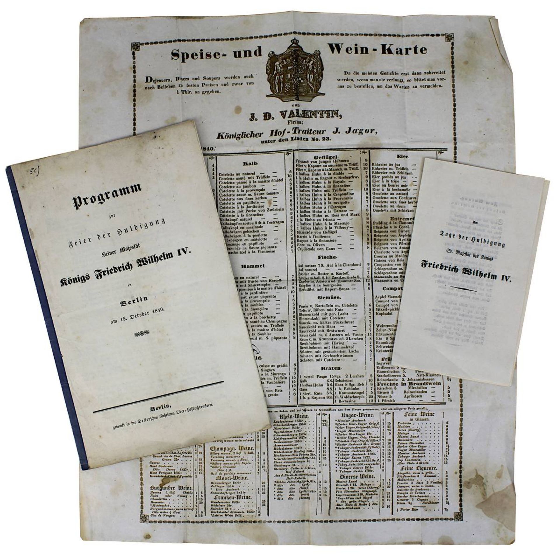 3 Teile zur Feier der Huldigung König Friedrich Wilhelms IV. v. Preußen, Teile vom 15. Oktober 1840;