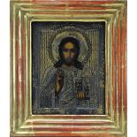 Ikone Christus Pantokrator, Russland Ende 19. Jh., Tempera auf Holz mit Silberoklat, dieser mit