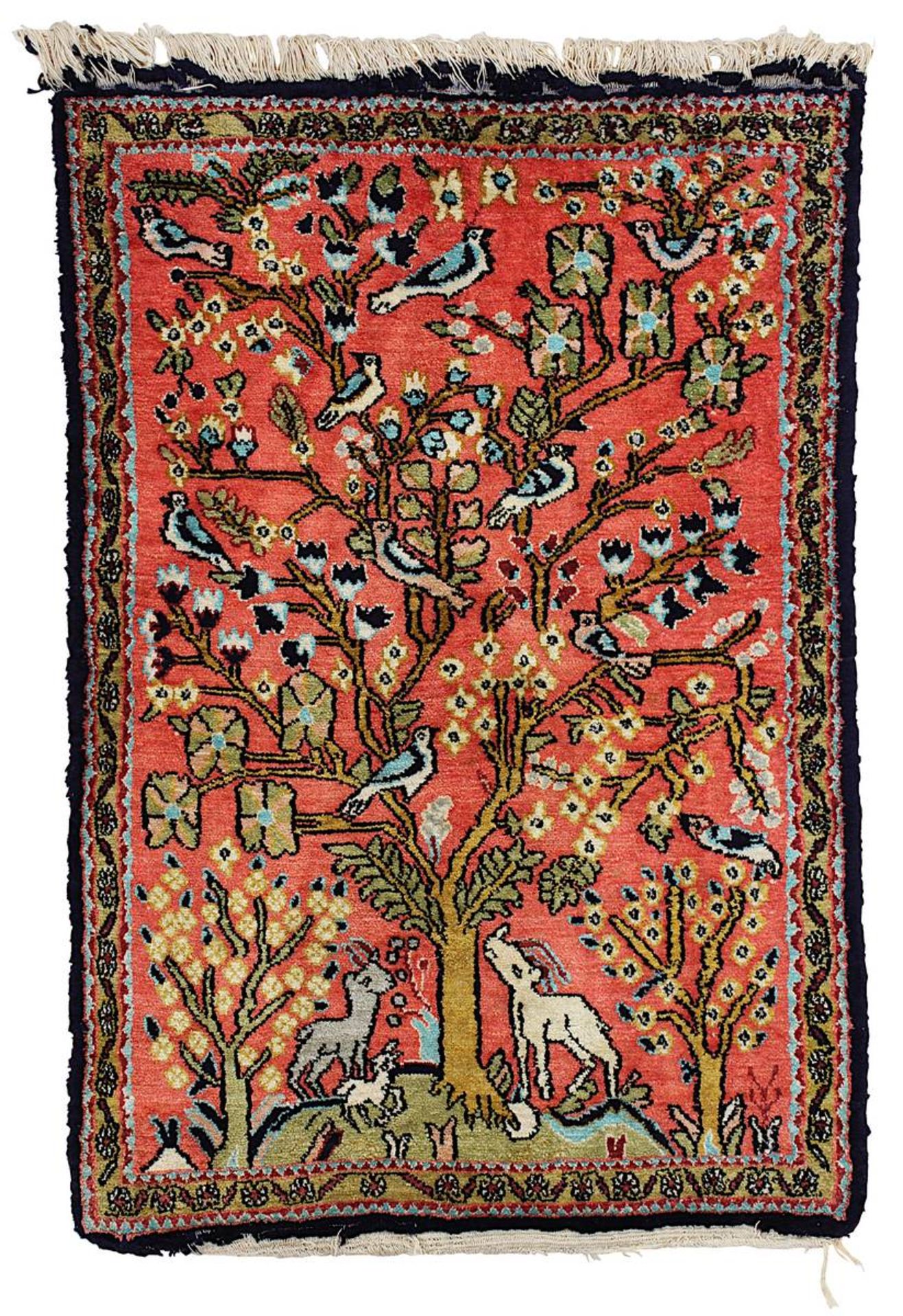 Kleine Brücke, Ghom, Persien 2. H. 20. Jh., rotgrundig, mit Lebensbaummotiv u. Tieren, Stirnseiten