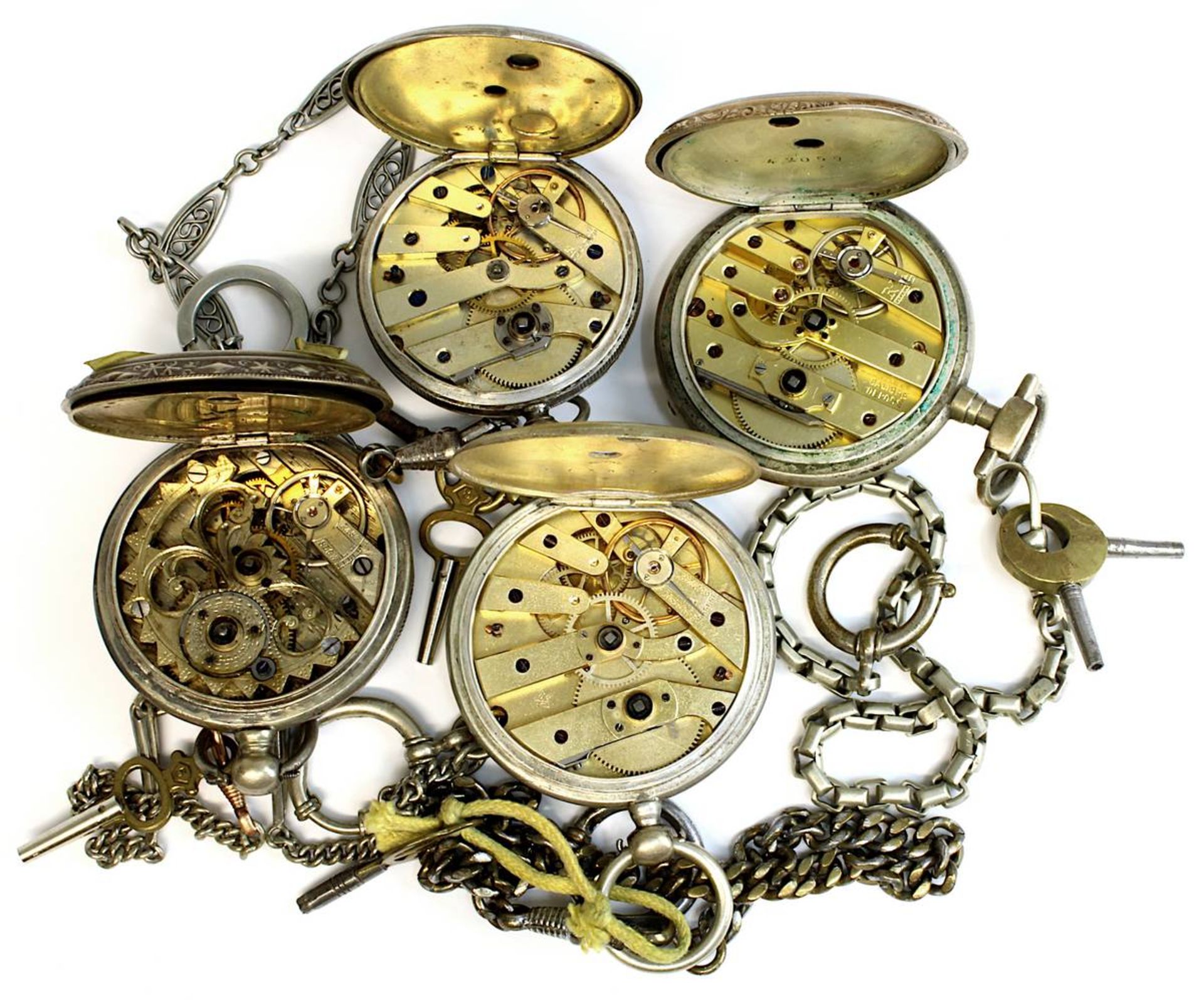 Vier Taschenuhren mit Schlüsselaufzug, Ende 19. Jh., Gehäuse teils Silber, teils versilbert, eine - Bild 2 aus 2