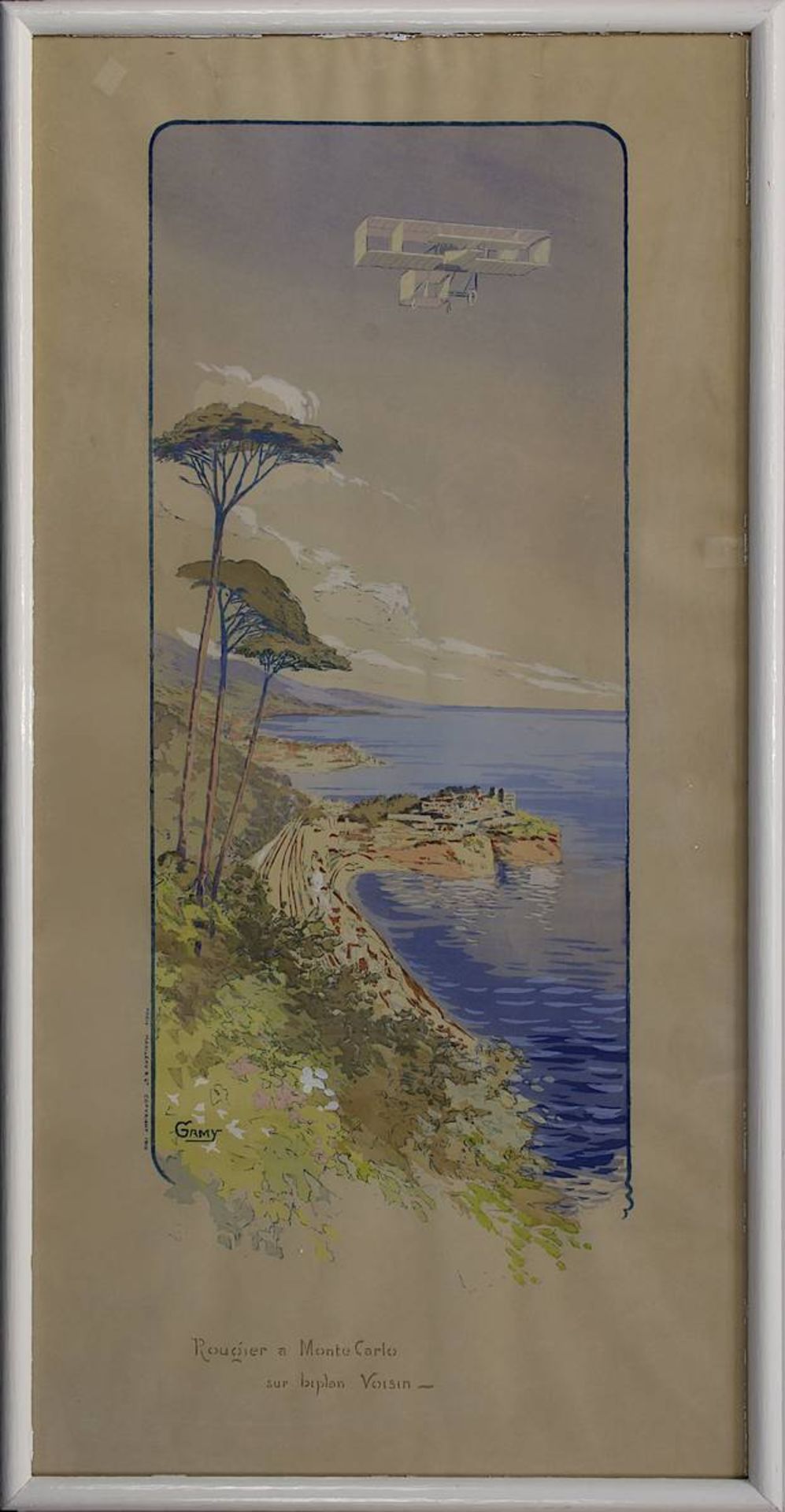 Gamy, Marguerite (1883 - 1936), "Rougier a Monte Carlo sur biplan Voisin", Farblithographie um 1910,