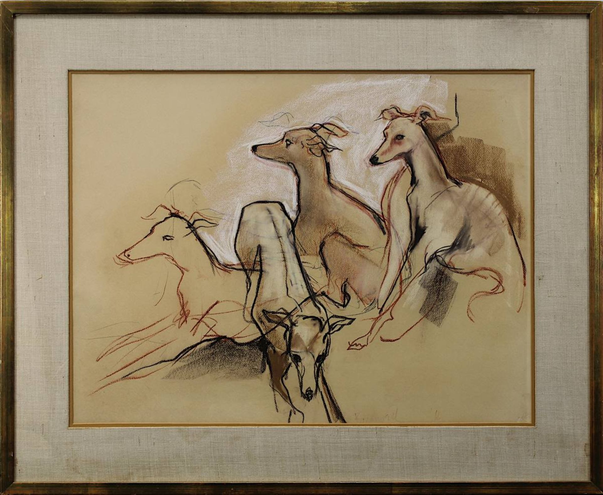 Zeichner M. bis 2. H. 20. Jh., Windhunde (greyhound, Whippet), Farbkreidezeichnung, am unt. Rand