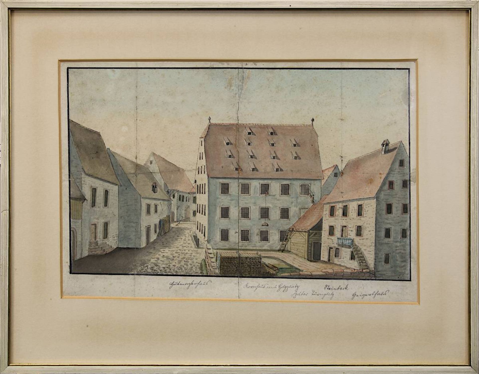 Vier Ansichten der Stadt Schopfheim: Ansicht Stadt Schopfheim, aquarellierte Zeichnung, betitelt - Bild 2 aus 9