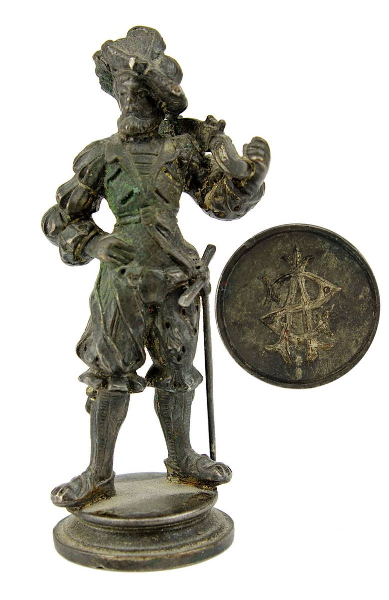 Silberpetschaft in Form eines Landsknechts, Deutschland um 1890, vollplastische Figur im Stil des
