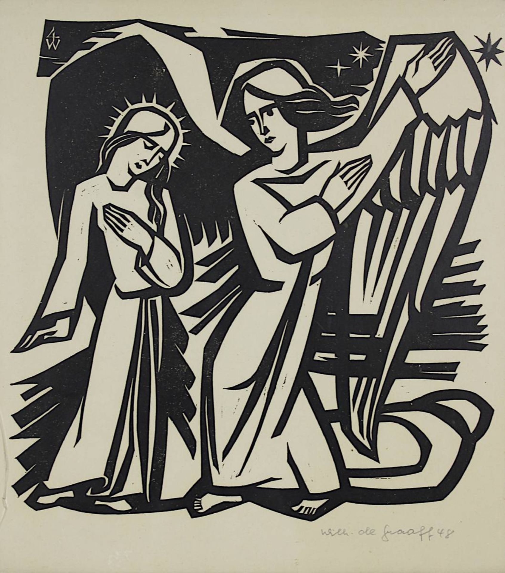 De Graaff, Wilhelm (1912 - 1975), "Verkündigung am Maria", Holzschnitt, re. unt. sign. u. dat. (19) - Image 2 of 2