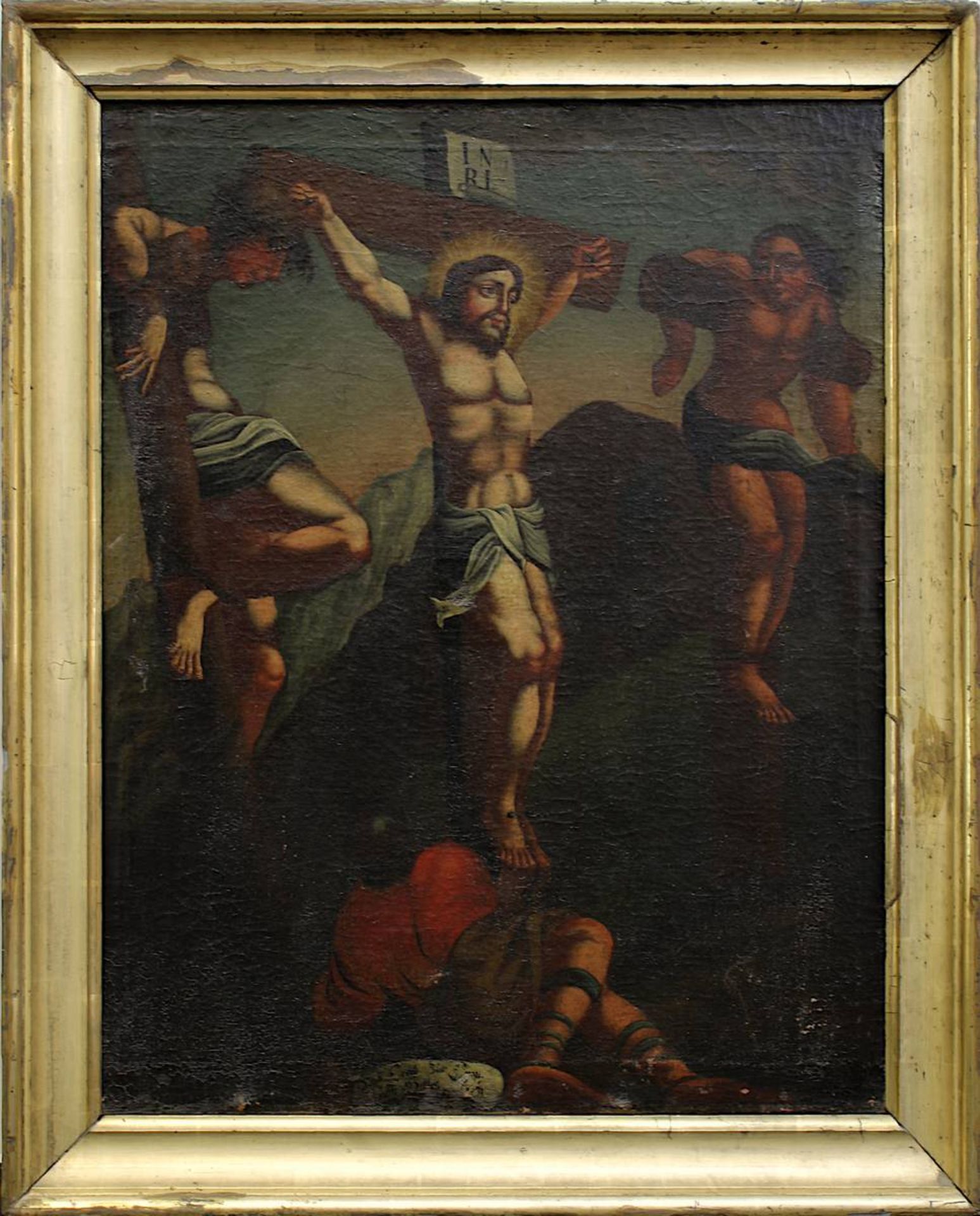 Heiligenmaler 18./19. Jh., Christus am Kreuz, flankiert von den beiden Schächern, wohl