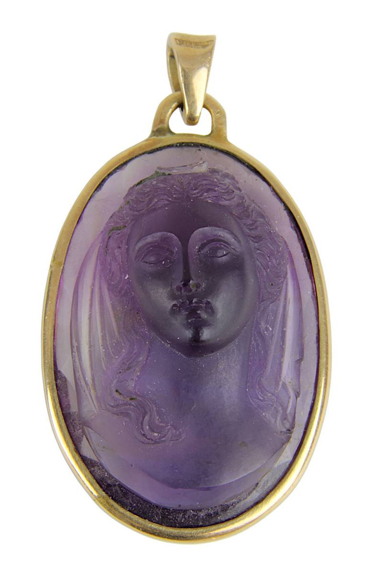 Roségold Anhänger mit Amethyst-Kamee, Idar-Oberstein um 1950, Handarbeit, Öse 333 gestempelt,