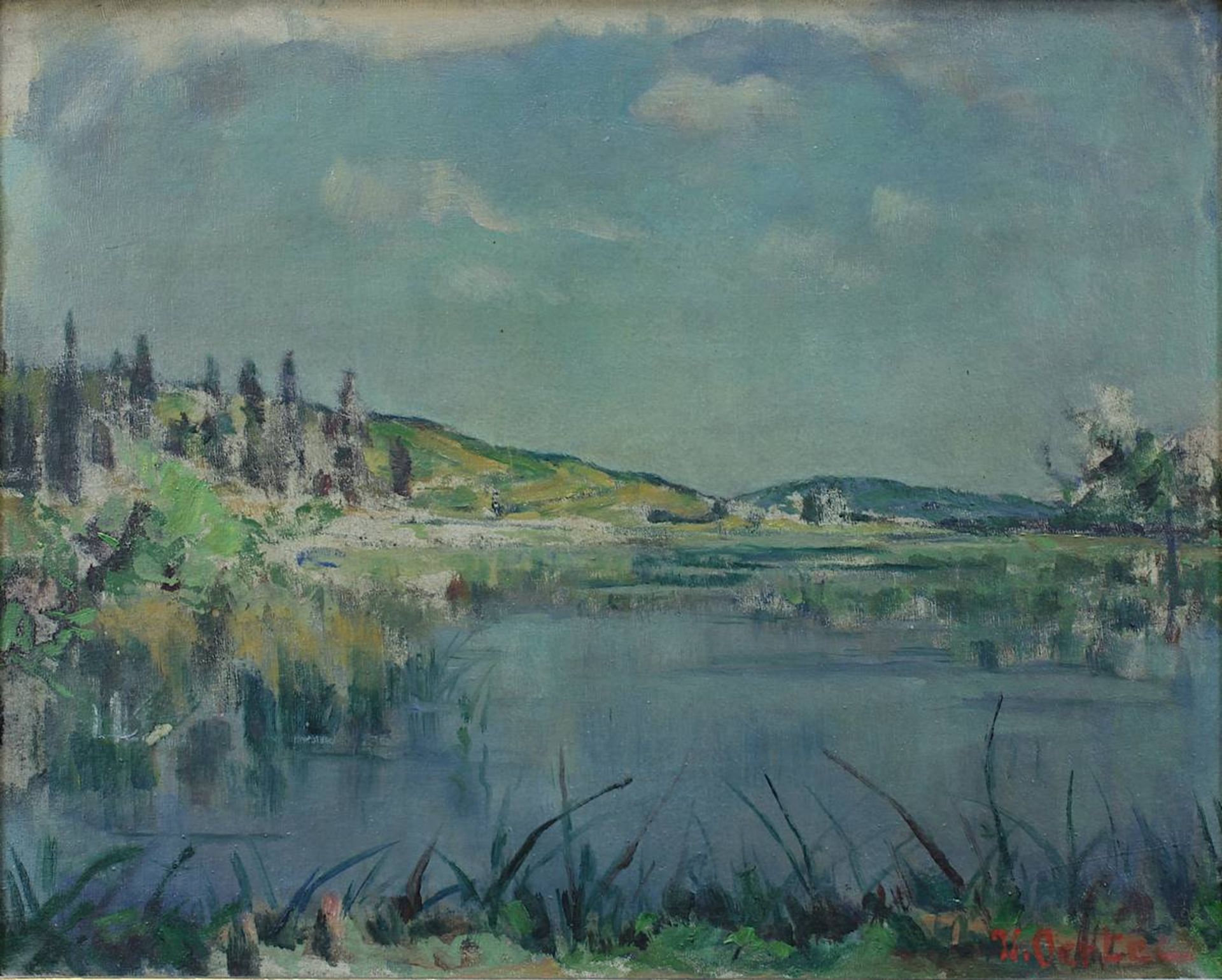 Oertel, Wilhelm ( Frankfurt/Main 1870 - 1933 Mannheim), südliche Uferlandschaft, Öl auf Leinwand, - Image 2 of 4