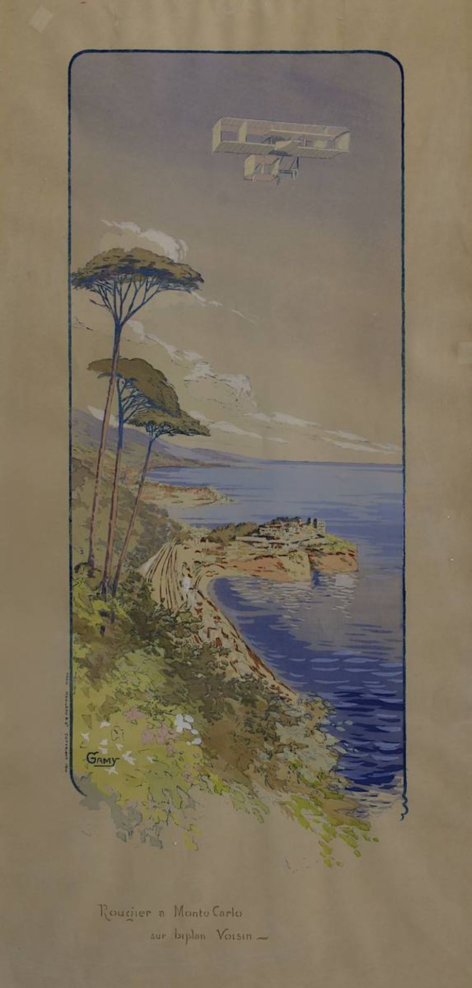 Gamy, Marguerite (1883 - 1936), "Rougier a Monte Carlo sur biplan Voisin", Farblithographie um 1910, - Image 2 of 2