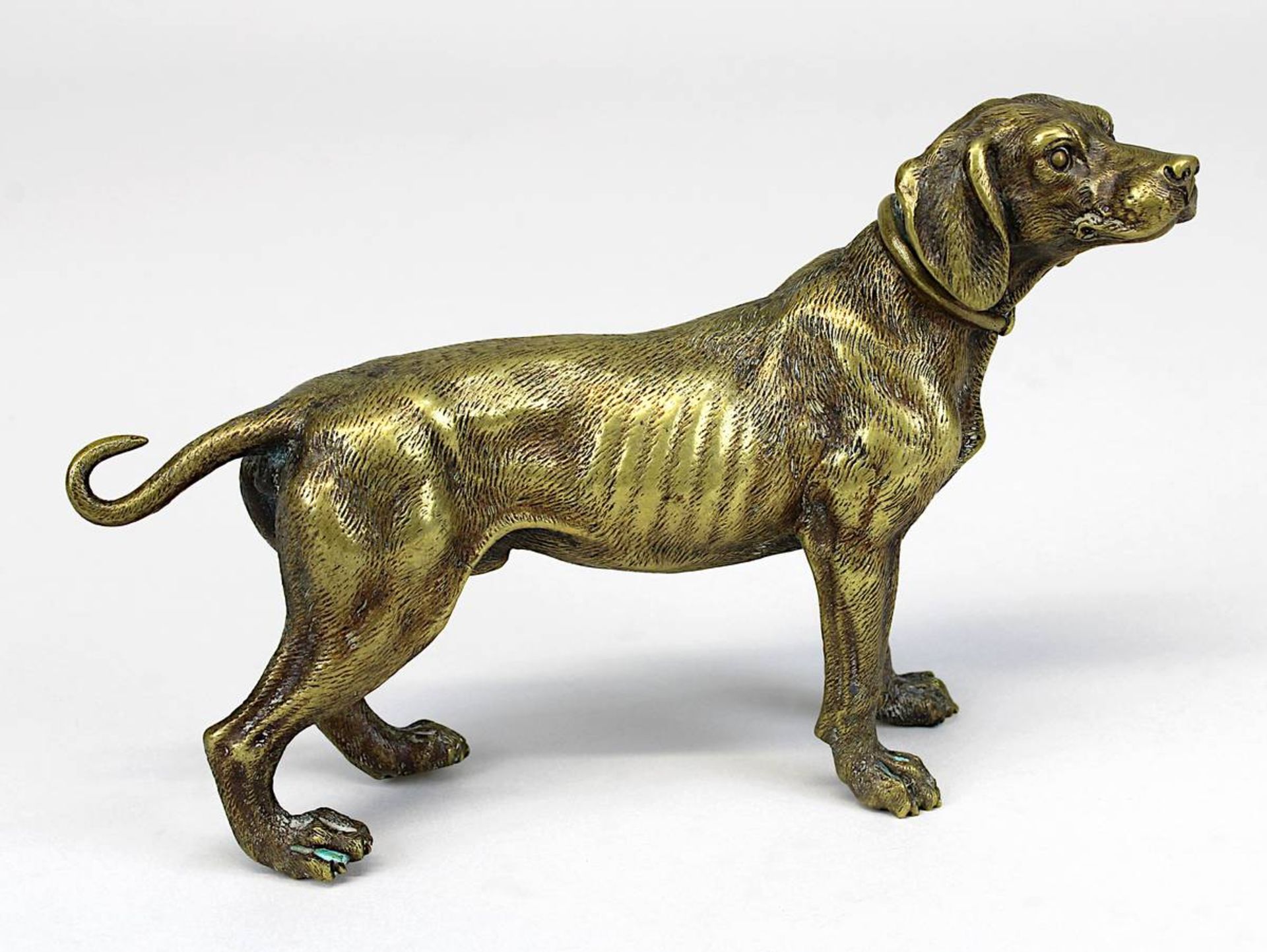 Skulpteur 20. Jh., Jagdhund in aufmerksamer Haltung, Brone mit goldener Patina, auf Unterseite der