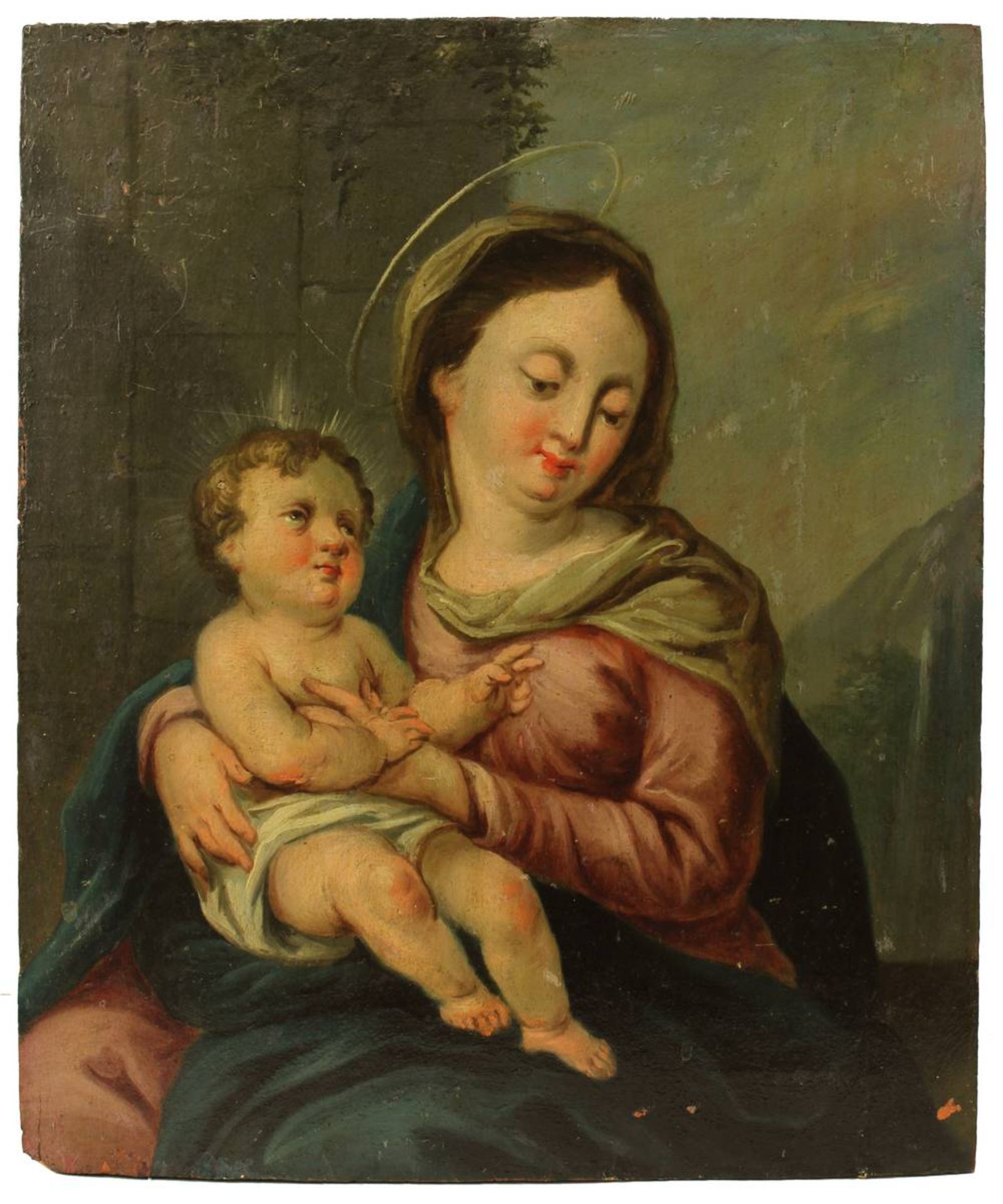 Heiligenmaler 18. Jh., Heilige Maria mit dem Jesusknaben, Öl auf Holz, 28 x 23,5 cm, Holztafel etwas