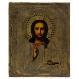 Ikone Christus Pantokrator Russland um 1888, Tempera auf Holz, mit punziertem, graviertem und