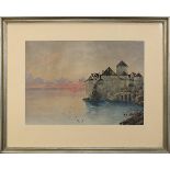 Aquarellist um 1900, Schloss Chillon in der Schweiz, 23 x 32 cm (Passepartoutausschnitt), Papier