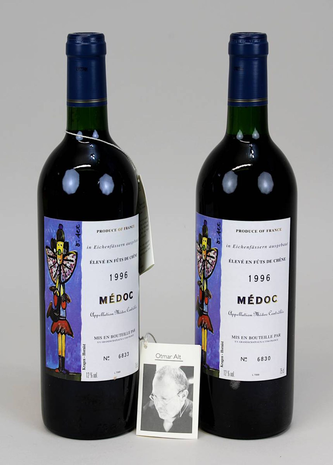 Zwei Flaschen 1996er Médoc, Élevé en Fûts de Chêne, Grandschateaux France, mit Künstleretikett von