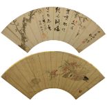 2 bemalte japanische Faltfächerblätter, jew. unter Folie mit Fotoecken auf Karton montiert, Karton