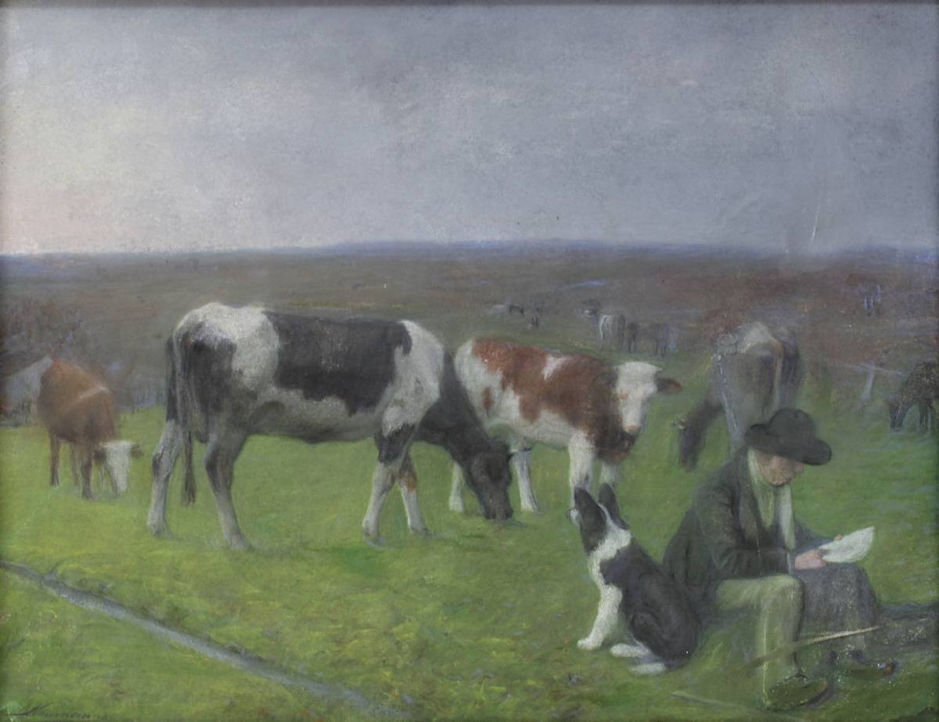Neumanns, Jean (1888 - 1973), Kuhhirte mit Kühe auf der Weide, Pastell auf Malkarton, links unten - Bild 2 aus 3