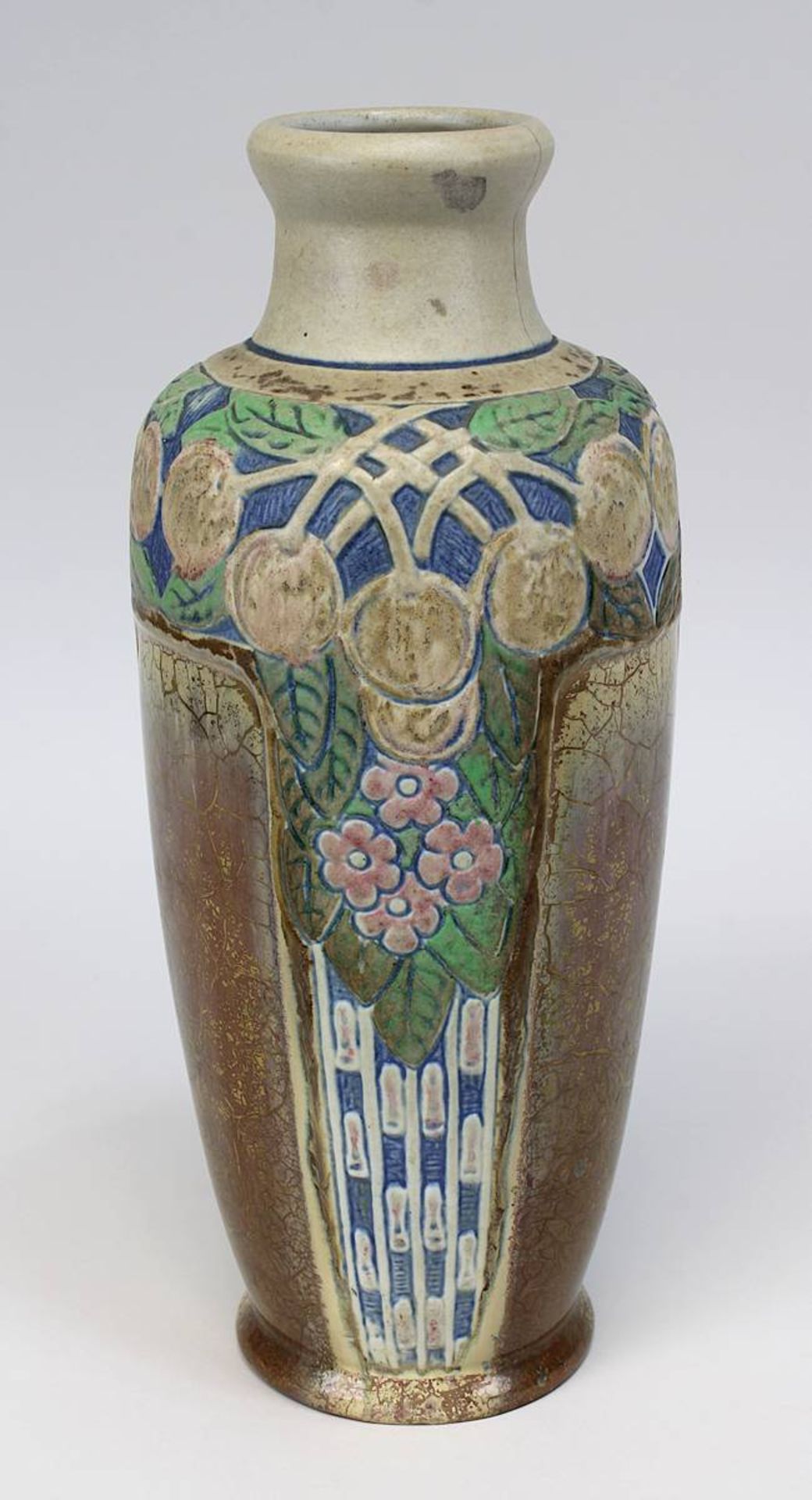 Mougin Jugendstil-Vase "Boules et fleurs", Feinsteinzeug cremefarbener Scherben, flachreliefiertes