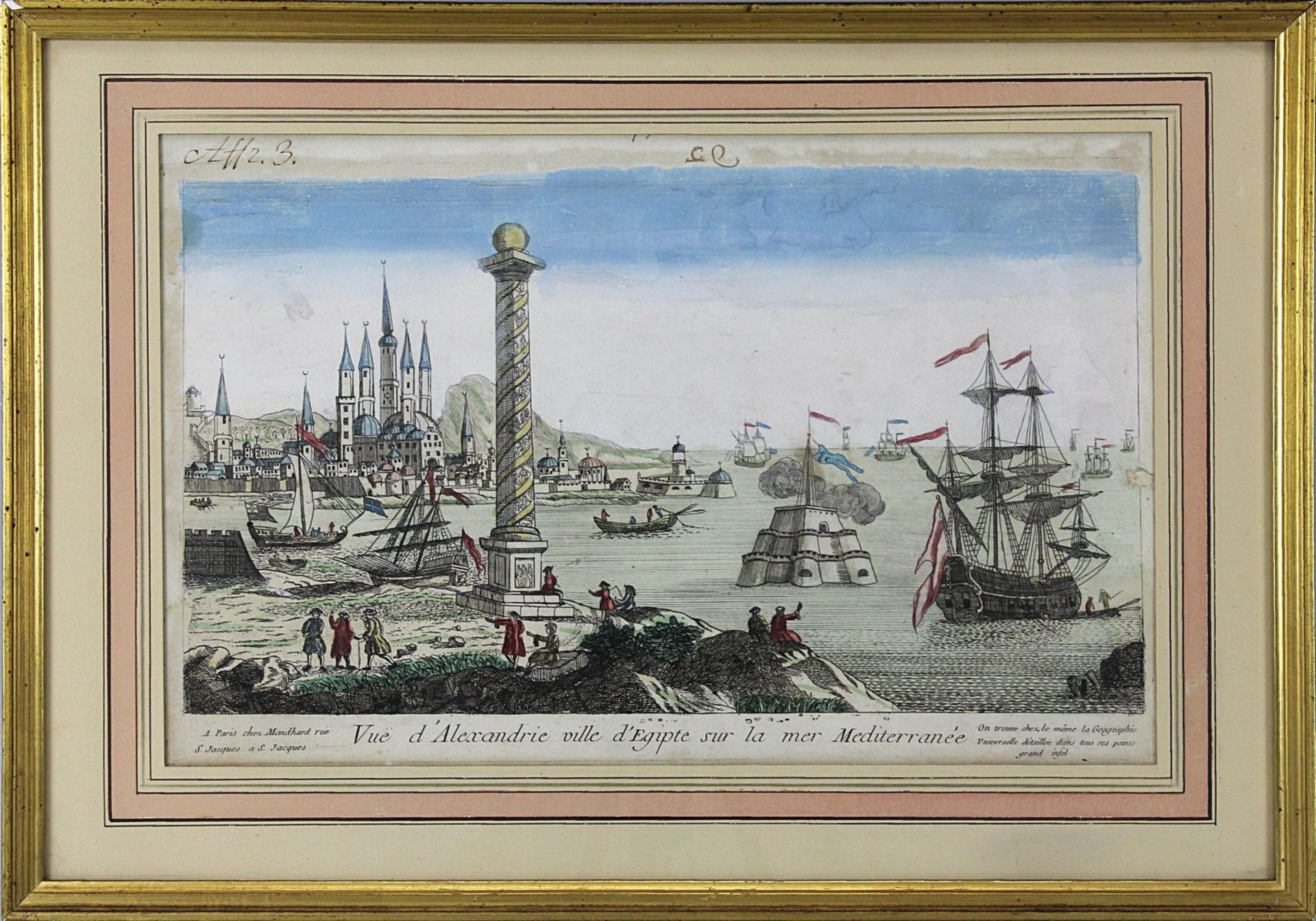 Guckkastenblatt, Ansicht von Alexandrien, kolorierter Kupferstich, um 1760, 21,7 x 38,7 cm, Papier