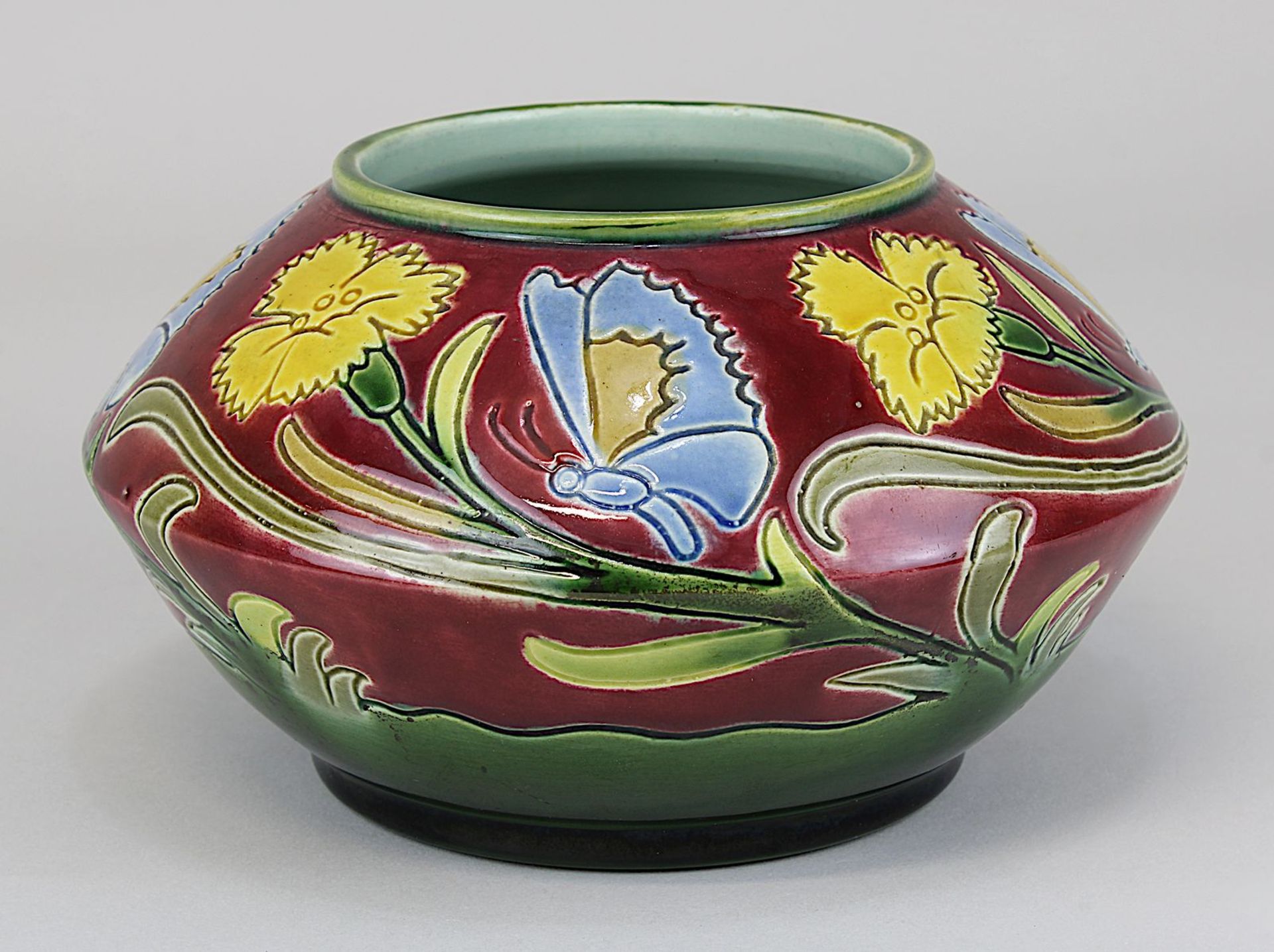 Carl Sigmund Luber Jugendstil-Keramikvase mit Blumen- u. Schmetterlingsdekor, Schwarz Norika,