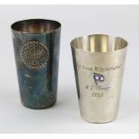 Zwei versilberte Becher, Ruderclub Saar 1965, und Jubiläumsbecher, HI-LU, 1923-1948, wohl Gießerei