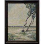 Giebel (?), deutscher Maler um 1920, Birken an Meeresküste, Öl auf Holzplatte, links unten sign., 65