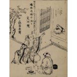 Japanischer Schwarz-Weiß-Holzschnitt 19. Jh., Weintrinkerszene nach einer Malerei von Kano