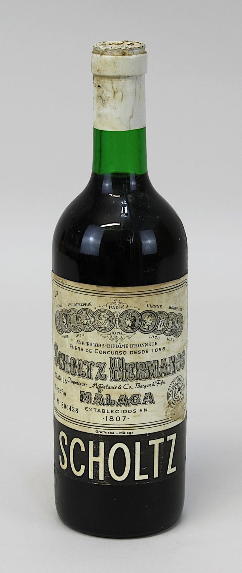 Eine Flasche Malaga, Scholtz Hermanos, Spanien 1970er Jahre, Etikett u. Verkapselung mit