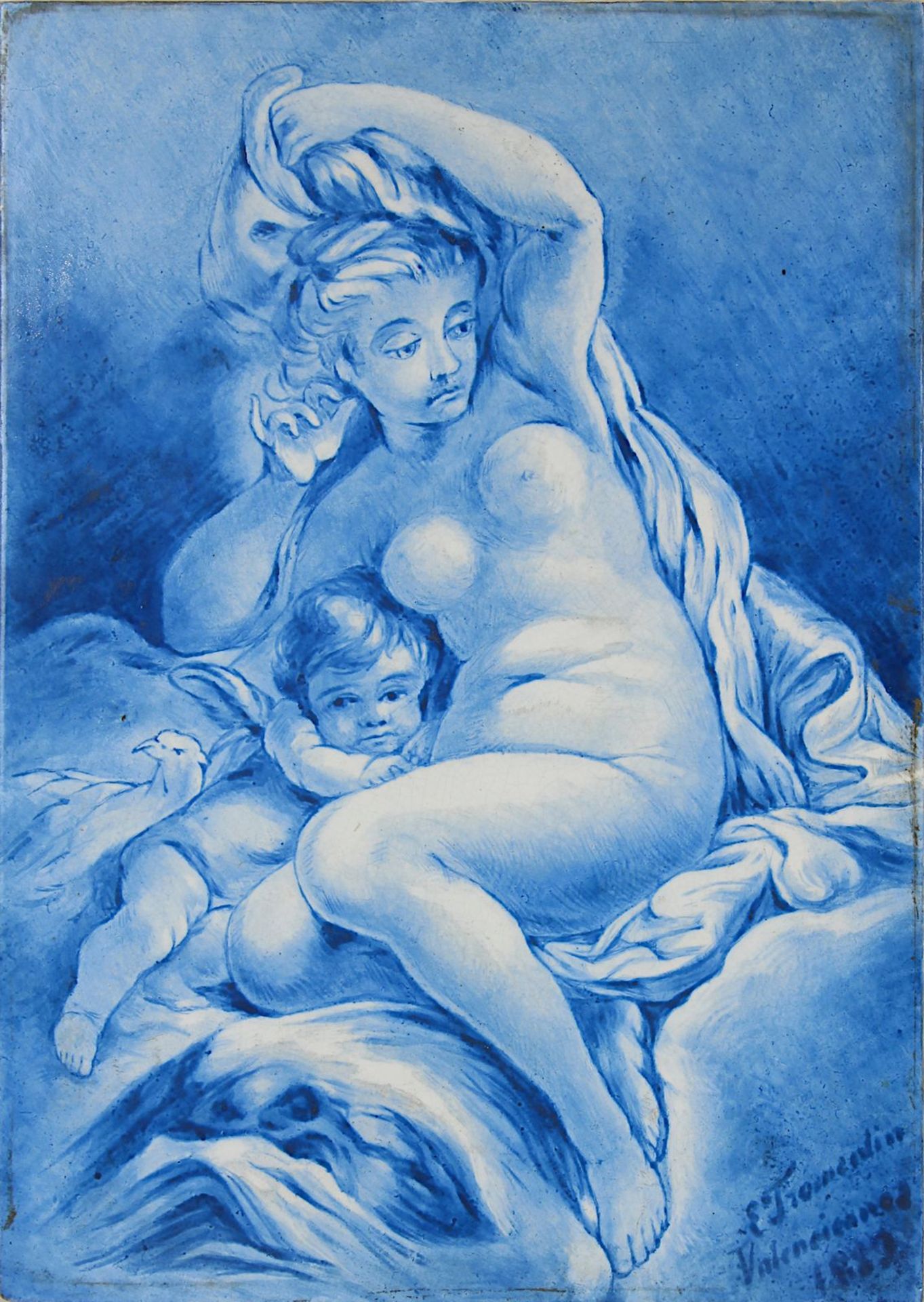 Sarreguemines Keramik-Bildplatte mit Motiv nach François Bouchers Venus und Cupido, gemalt von