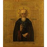 Ikone Heiliger Sergius von Radonesch, Russland Ende 19. Jh.,Tempera auf Holz, Halbfigur des Heiligen
